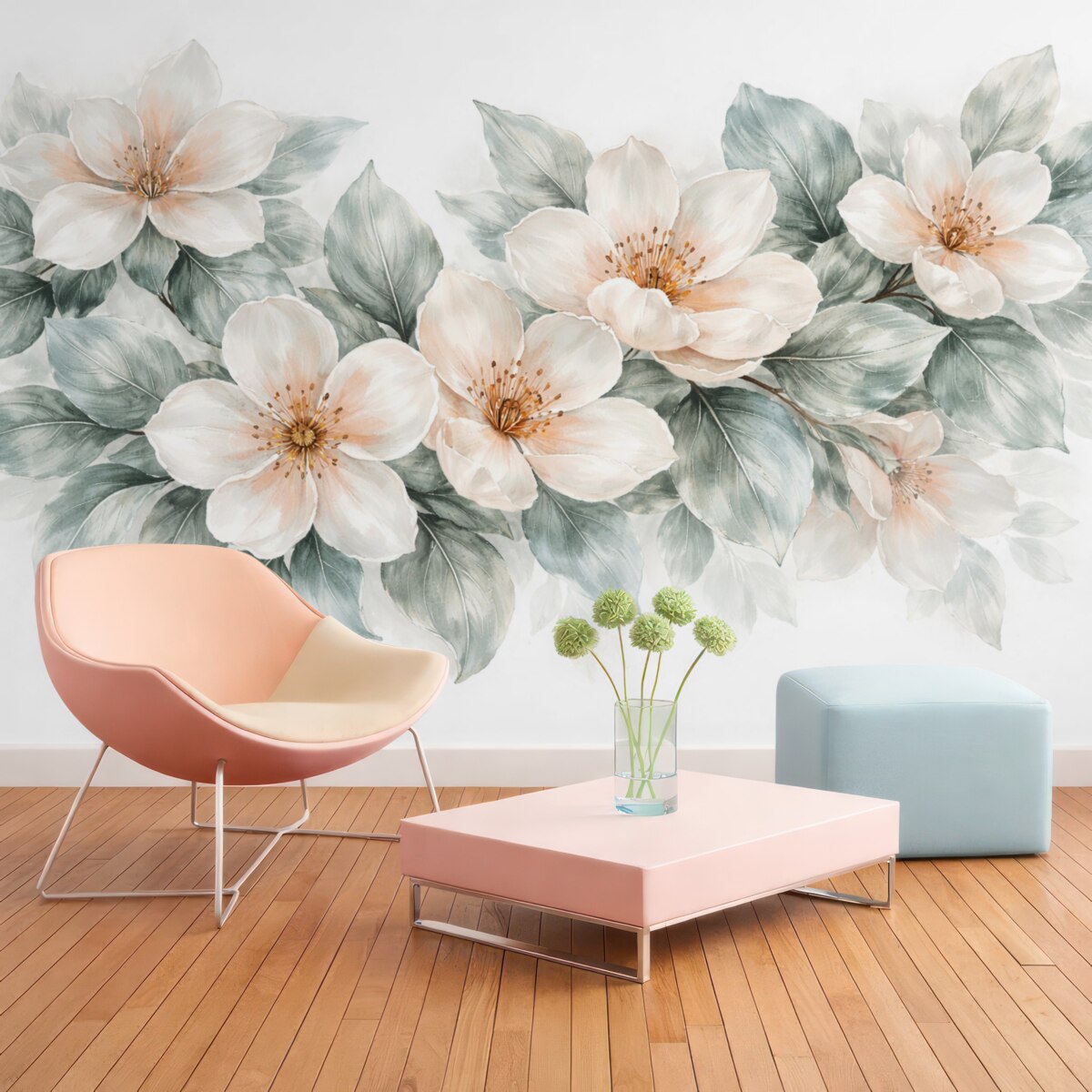 Fototapeta Subtelne białe i różowe kwiaty magnolii z gładkimi zielonymi liśćmi na jasnym tle.