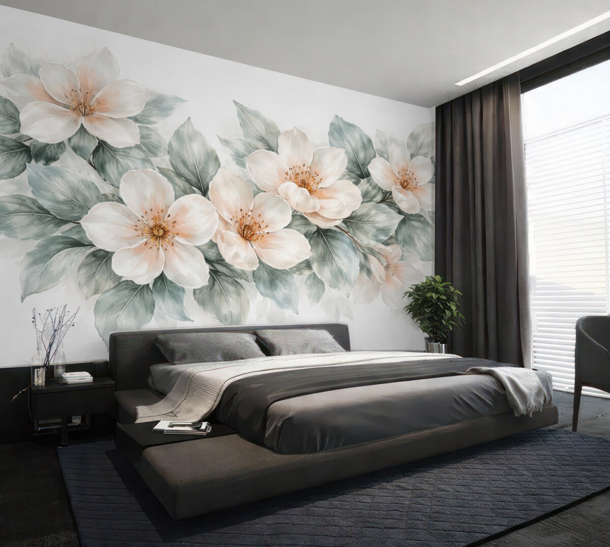 Fototapeta Subtelne białe i różowe kwiaty magnolii z gładkimi zielonymi liśćmi na jasnym tle.