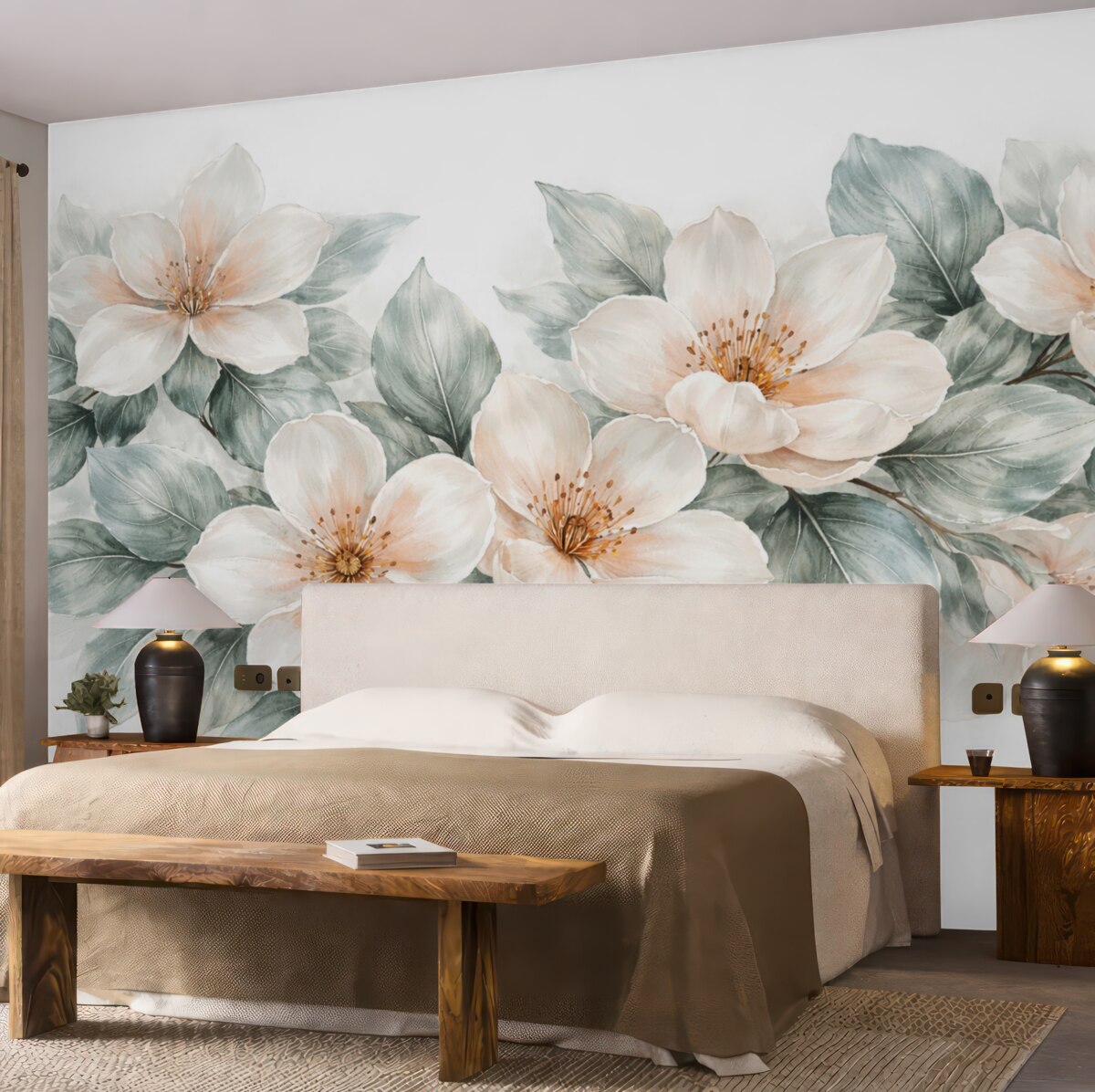 Fototapeta Subtelne białe i różowe kwiaty magnolii z gładkimi zielonymi liśćmi na jasnym tle.