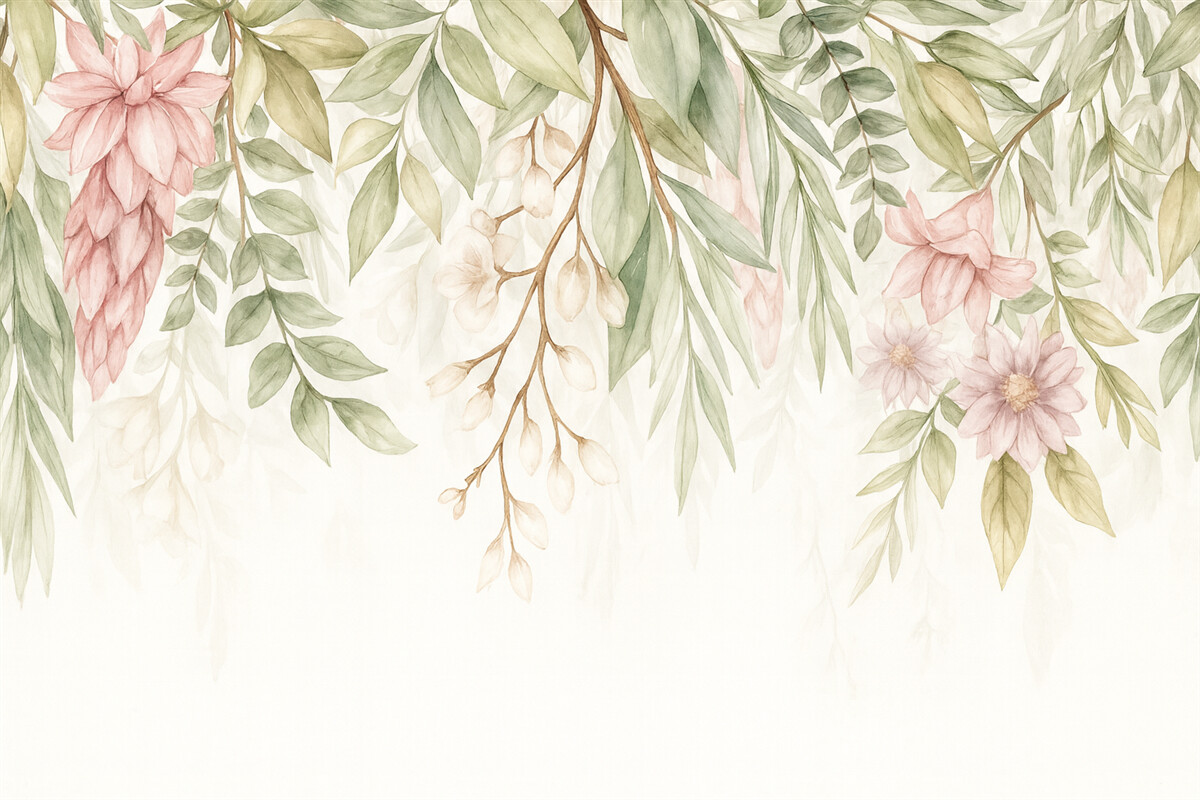 Fototapeta Subtelne różowe i białe kwiaty z zielonymi liśćmi oraz łodygami na jasnym tle.