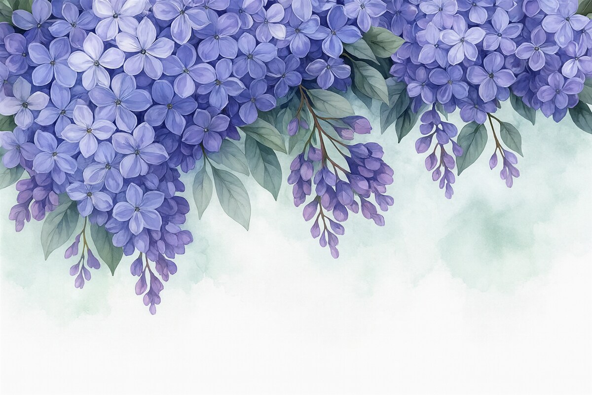 Fototapeta Intensywne fioletowe kwiaty hortensji z zielonymi liśćmi zajmują przestrzeń na delikatnym, zamglonym tle.