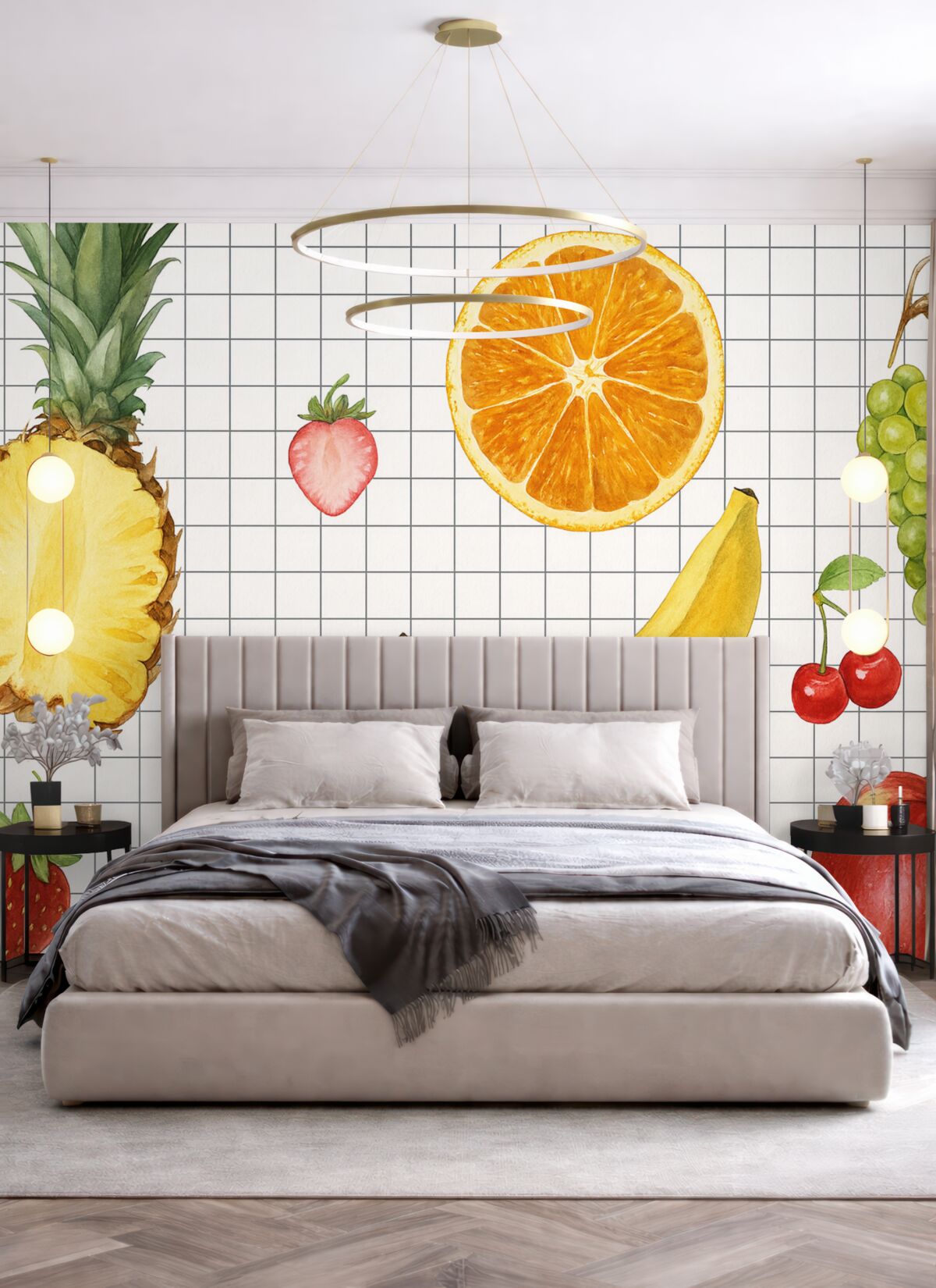 Fototapeta Świeże owoce, takie jak ananas, kawałek pomarańczy, banan, awokado oraz czerwone jabłko na białym tle siatki.