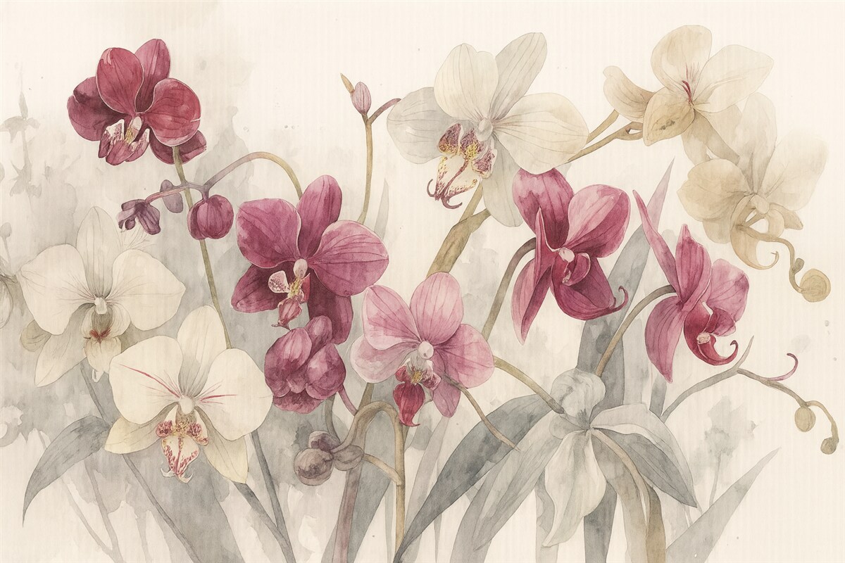 Fototapeta Intensywne różowe i białe kwiaty orchidei na jasnym tle o strukturze akwareli.