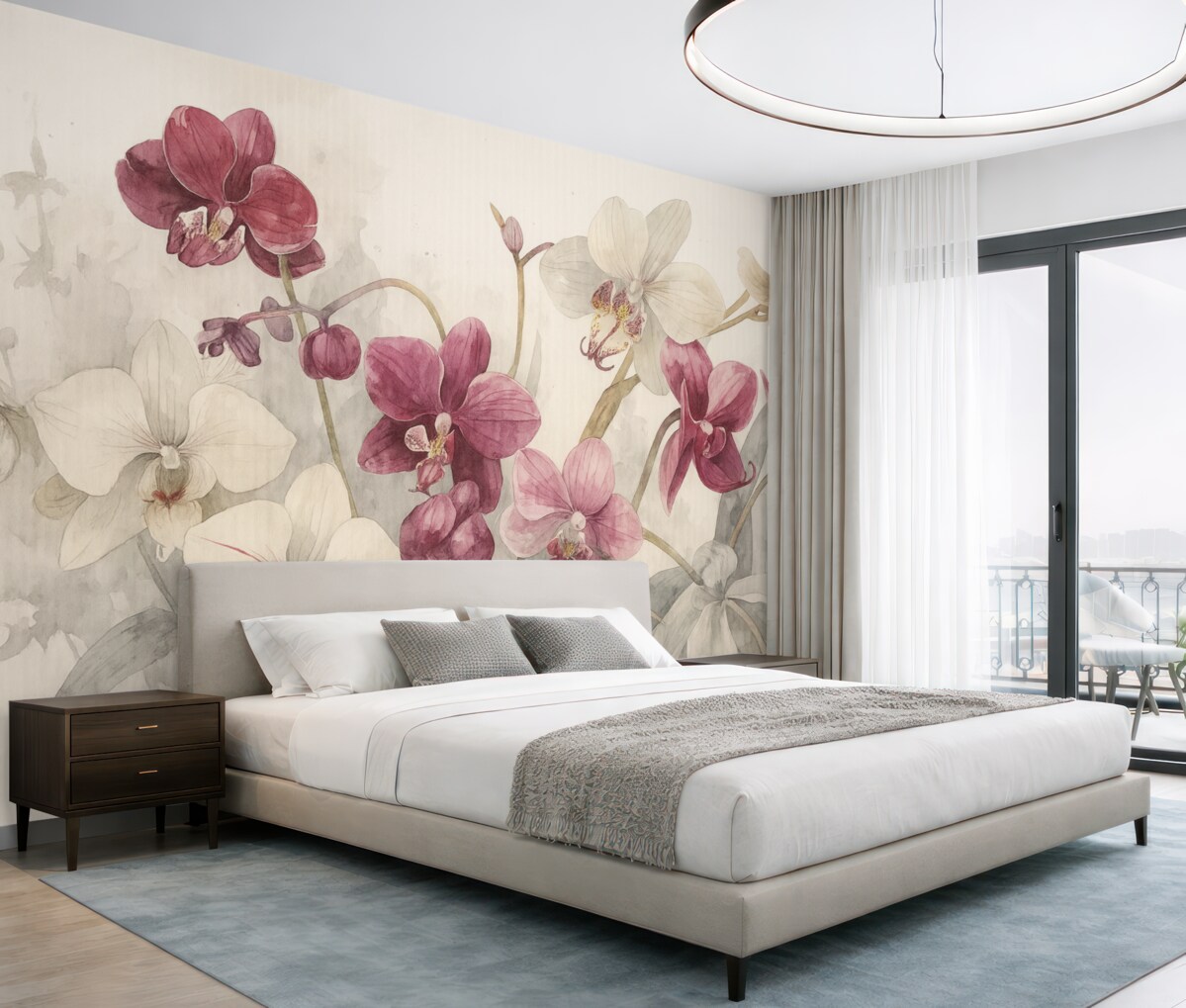 Fototapeta Intensywne różowe i białe kwiaty orchidei na jasnym tle o strukturze akwareli.