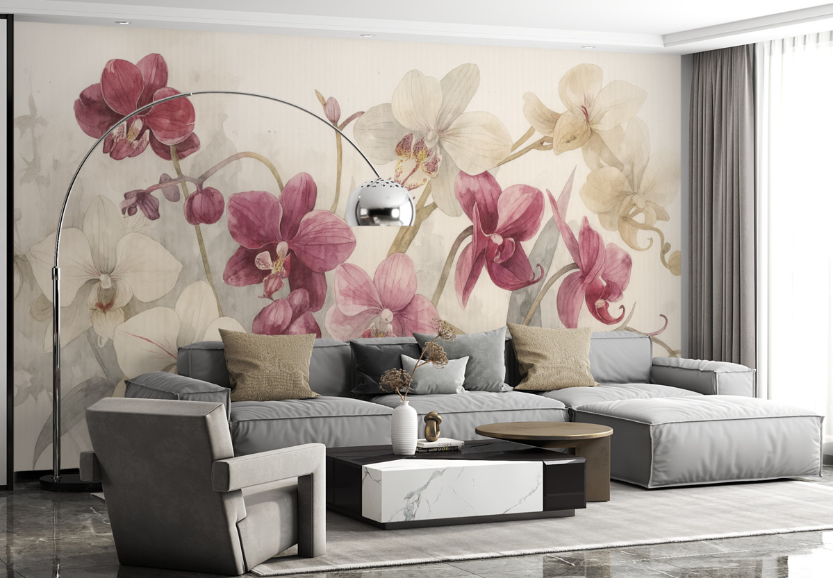 Fototapeta Intensywne różowe i białe kwiaty orchidei na jasnym tle o strukturze akwareli.