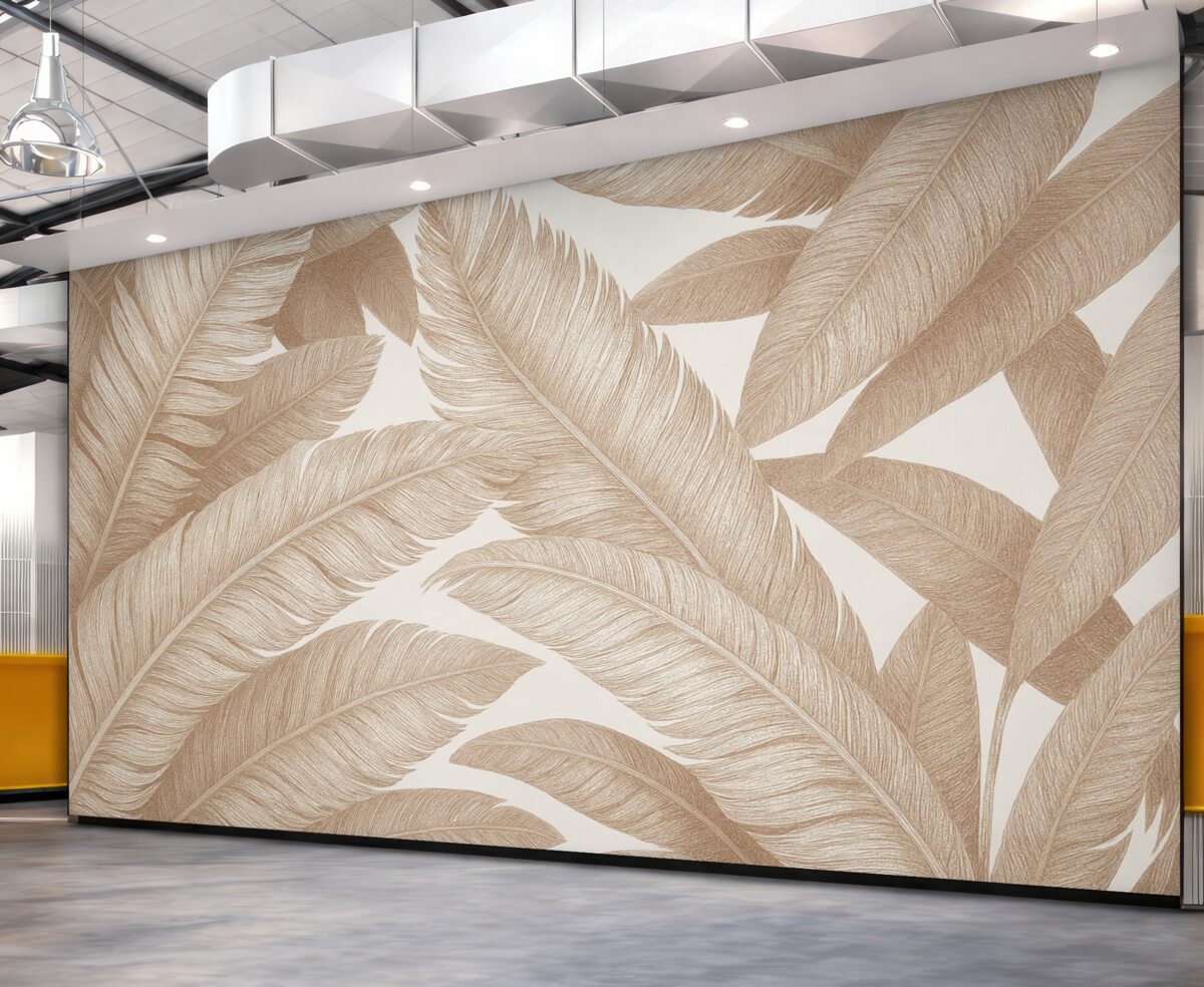 Fototapeta Subtelne liście palmowe w jasnych pastelowych, różowych, przejrzystych odcieniach na neutralnym, prostym tle.