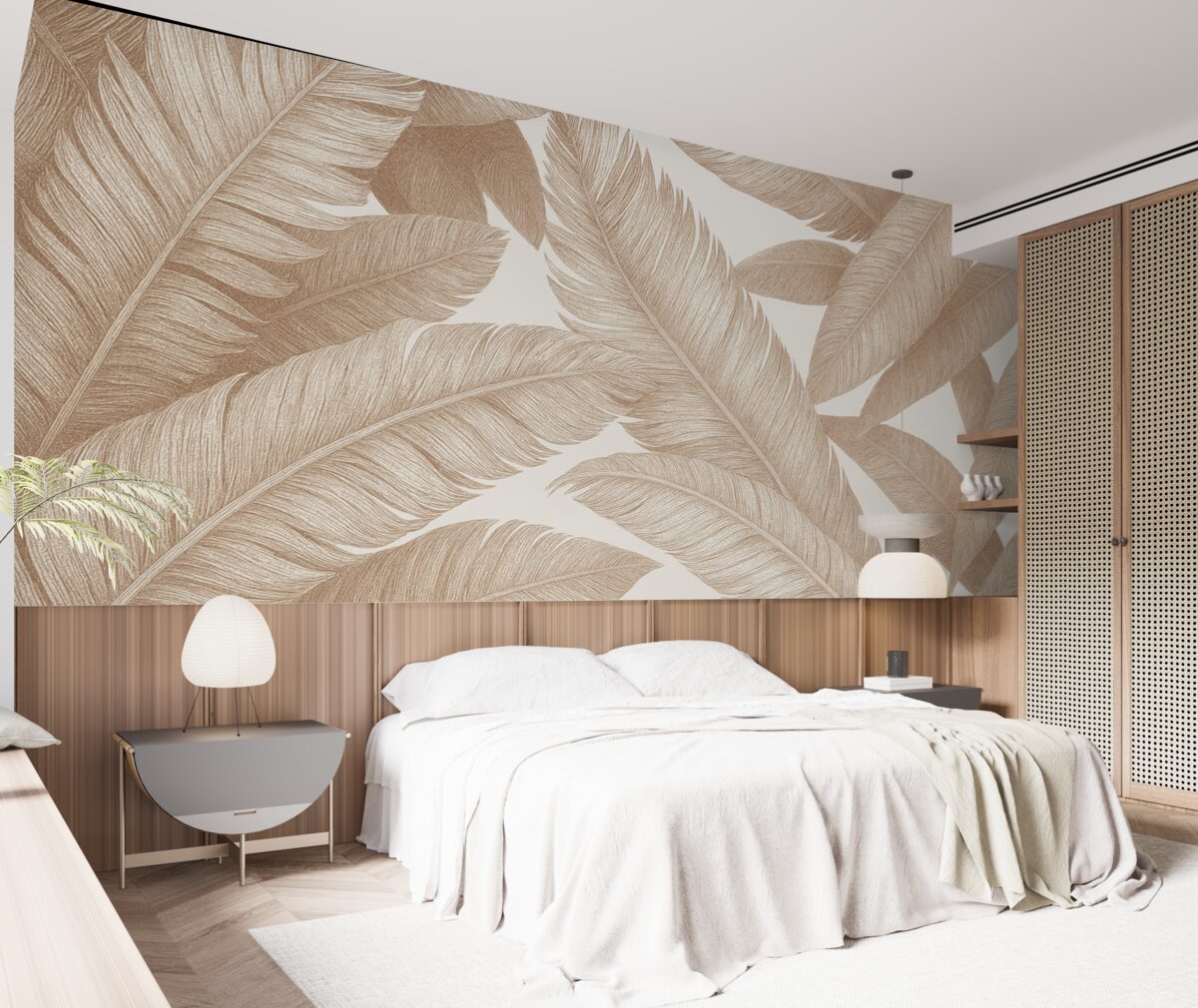 Fototapeta Subtelne liście palmowe w jasnych pastelowych, różowych, przejrzystych odcieniach na neutralnym, prostym tle.