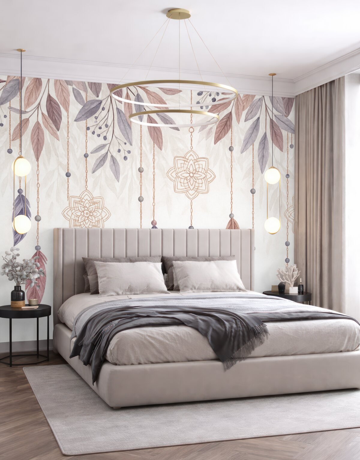 Fototapeta Zawieszone pióra i łapacze snów z motywem kwiatowym na jasnym tle.