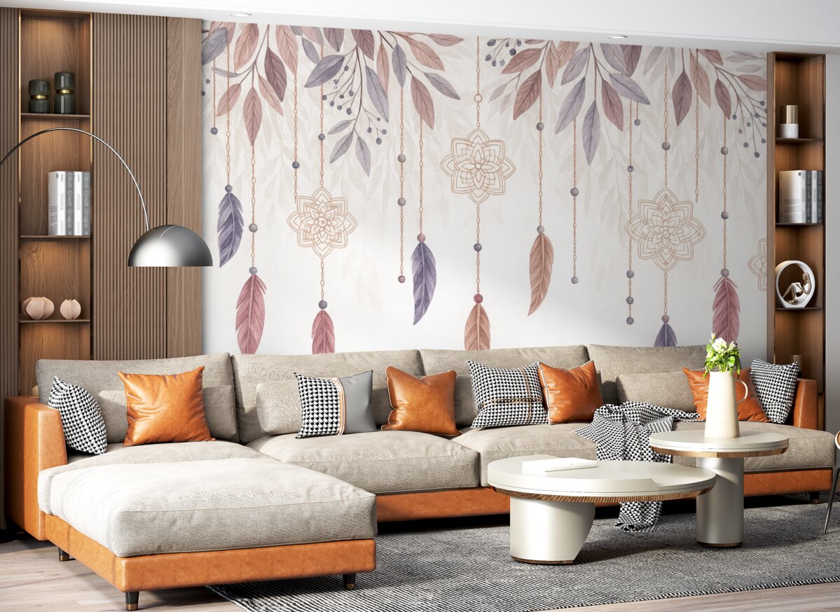 Fototapeta Zawieszone pióra i łapacze snów z motywem kwiatowym na jasnym tle.