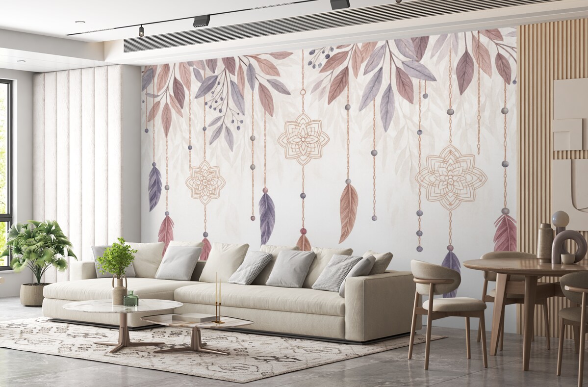 Fototapeta Zawieszone pióra i łapacze snów z motywem kwiatowym na jasnym tle.