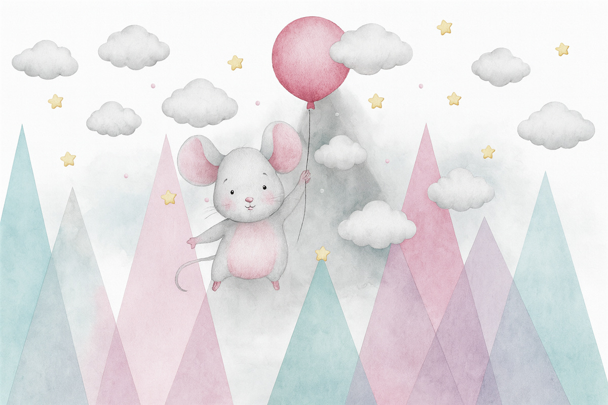 Fototapeta Urocza myszka trzymająca różowy balonik wznoszący się wśród białych chmur oraz różowo-niebieskich geometrycznych szczytów.
