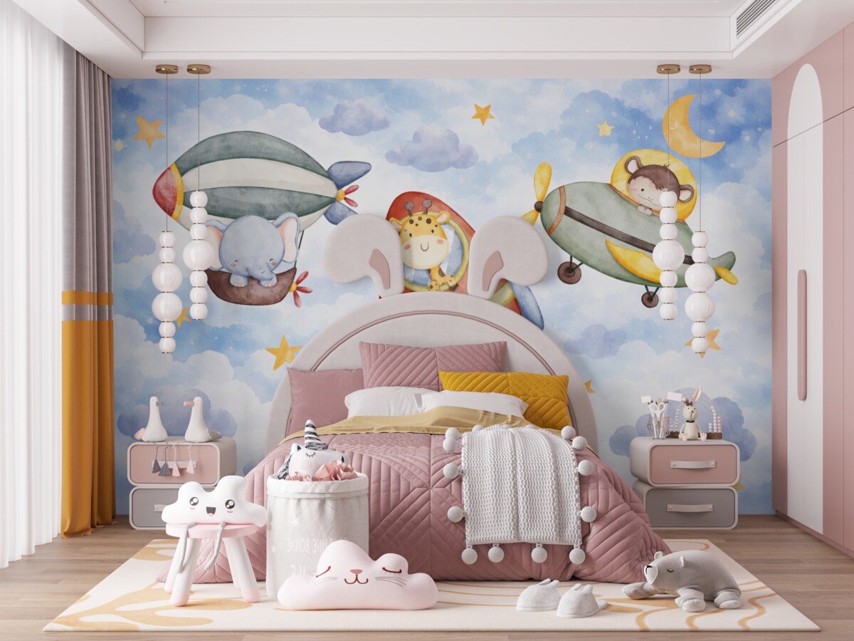 Fototapeta Dziecięca akwarelowa ilustracja ukazująca zbiór uroczych postaci zwierząt w kosmicznej scenerii z gwiazdami.