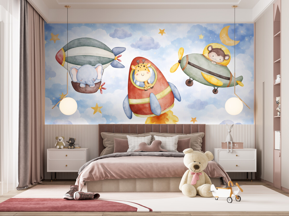 Fototapeta Dziecięca akwarelowa ilustracja ukazująca zbiór uroczych postaci zwierząt w kosmicznej scenerii z gwiazdami.