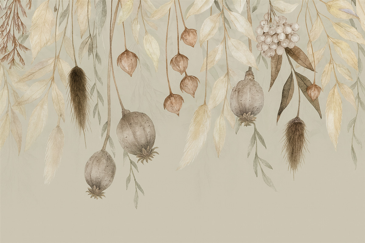 Fototapeta Subtelna aranżacja roślinna z suszonych kwiatów, liści i piór zawieszonych na delikatnym tle.