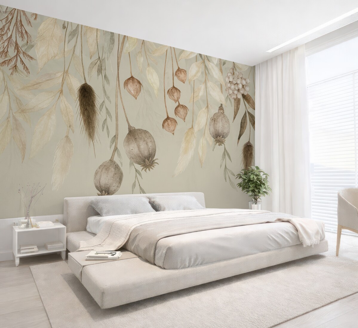 Fototapeta Subtelna aranżacja roślinna z suszonych kwiatów, liści i piór zawieszonych na delikatnym tle.