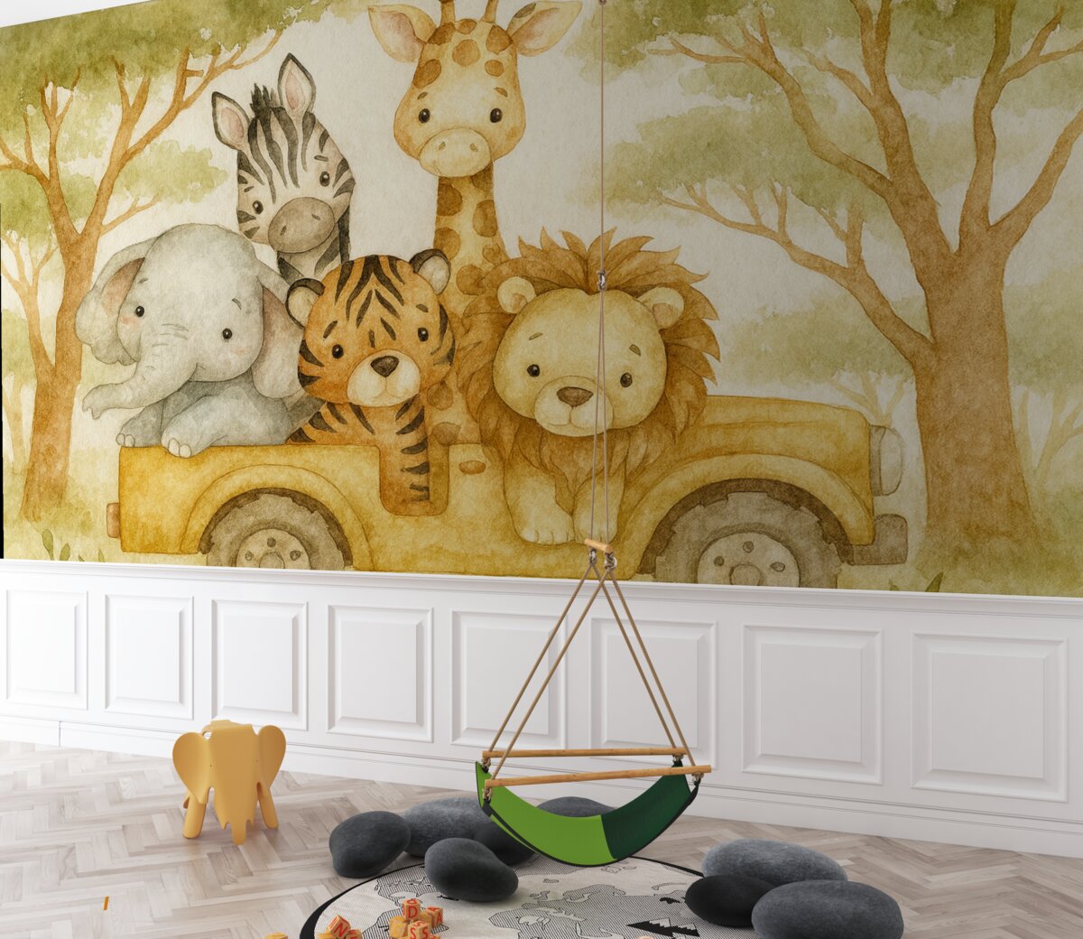 Fototapeta Żółta ciężarówka-zabawka transportująca żyrafę, tygrysa, królika i słonia na tle zielonych liści.