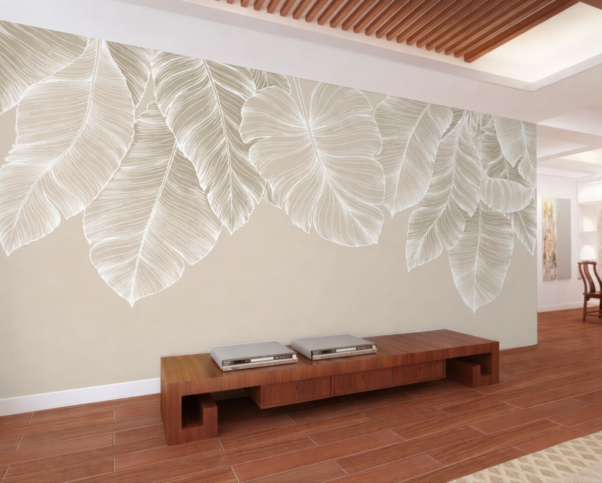 Fototapeta Białe tropikalne liście kwiatowe na jasnym tle w odcieniu beżu, prosty styl.