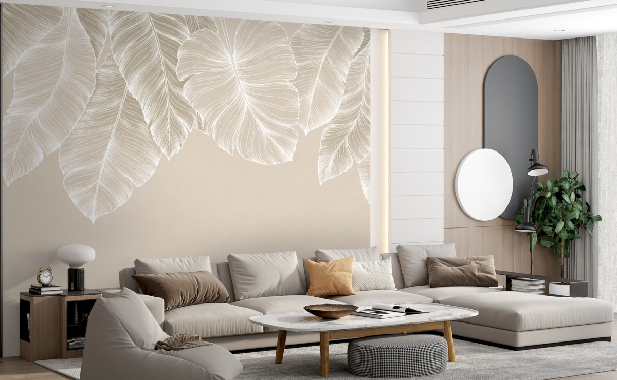 Fototapeta Białe tropikalne liście kwiatowe na jasnym tle w odcieniu beżu, prosty styl.