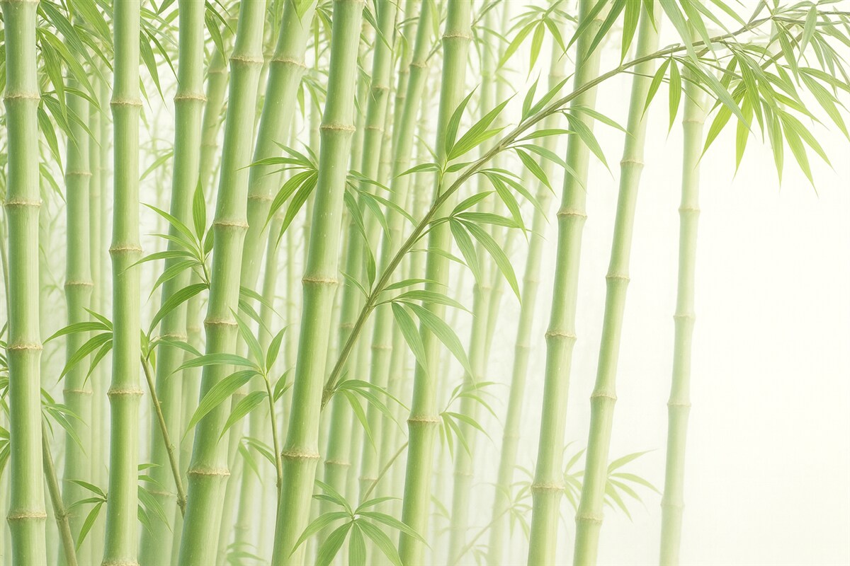 Fototapeta Gęsty las bambusowy z wysokimi pędami bambusa oraz zielonymi liśćmi na delikatnym, mglistym tle.