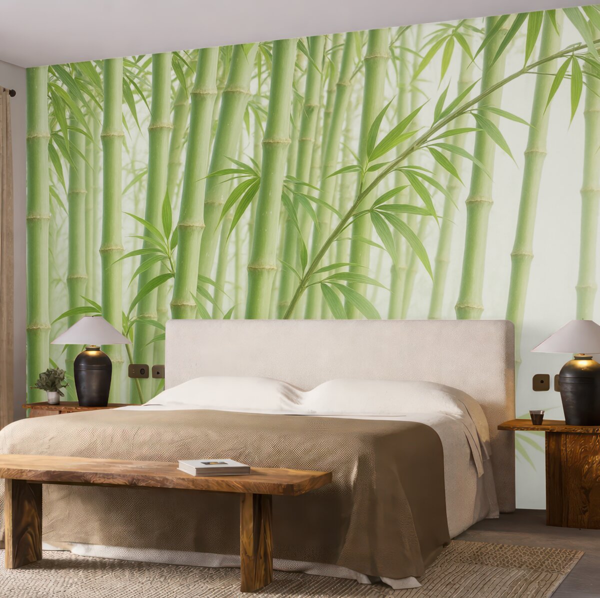 Fototapeta Gęsty las bambusowy z wysokimi pędami bambusa oraz zielonymi liśćmi na delikatnym, mglistym tle.