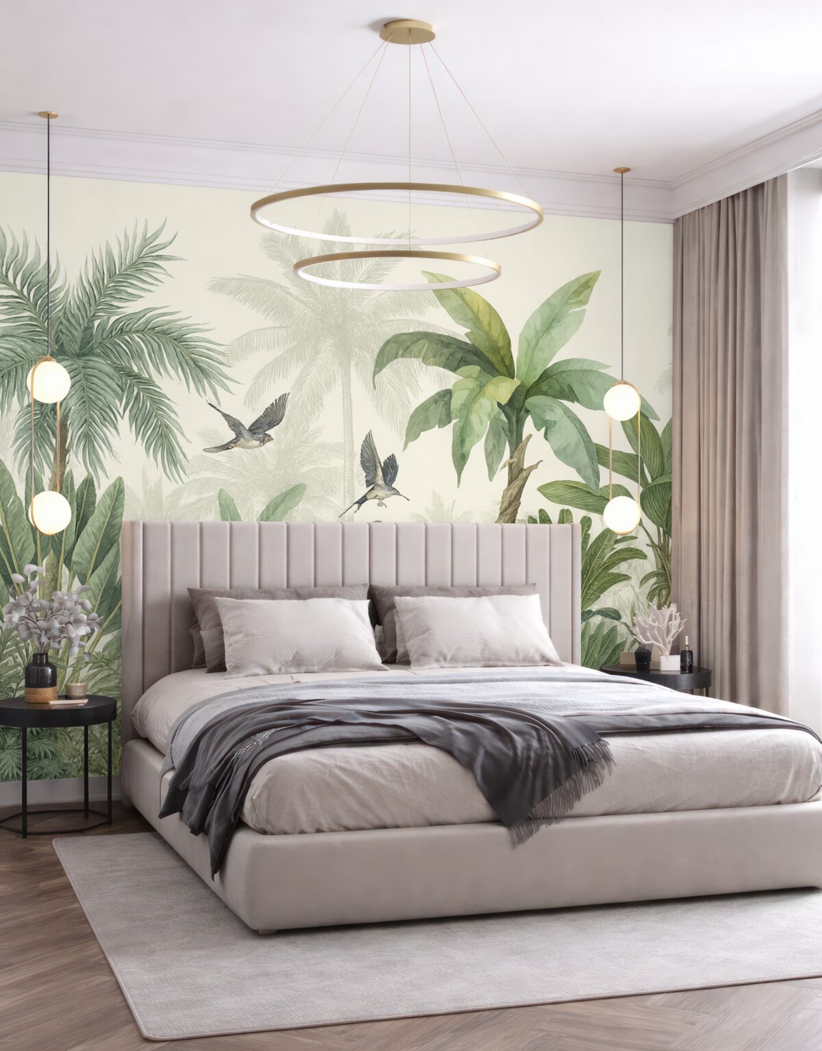 Fototapeta Zielona tropikalna dżungla z różnorodnymi palmami, dużymi liśćmi i barwnymi kwiatami na pierwszym planie.