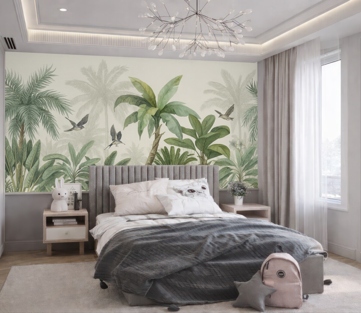 Fototapeta Zielona tropikalna dżungla z różnorodnymi palmami, dużymi liśćmi i barwnymi kwiatami na pierwszym planie.