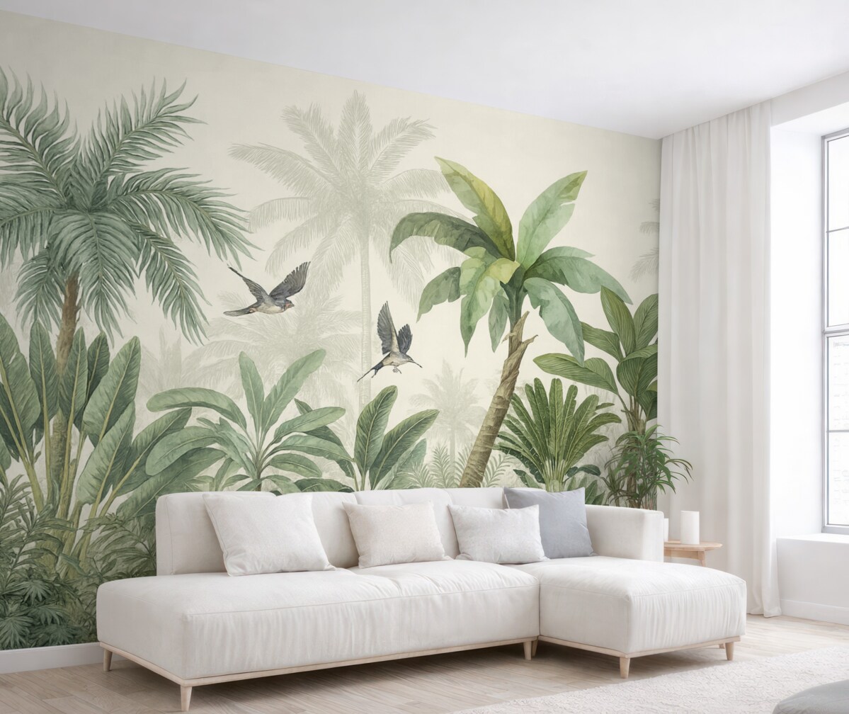 Fototapeta Zielona tropikalna dżungla z różnorodnymi palmami, dużymi liśćmi i barwnymi kwiatami na pierwszym planie.