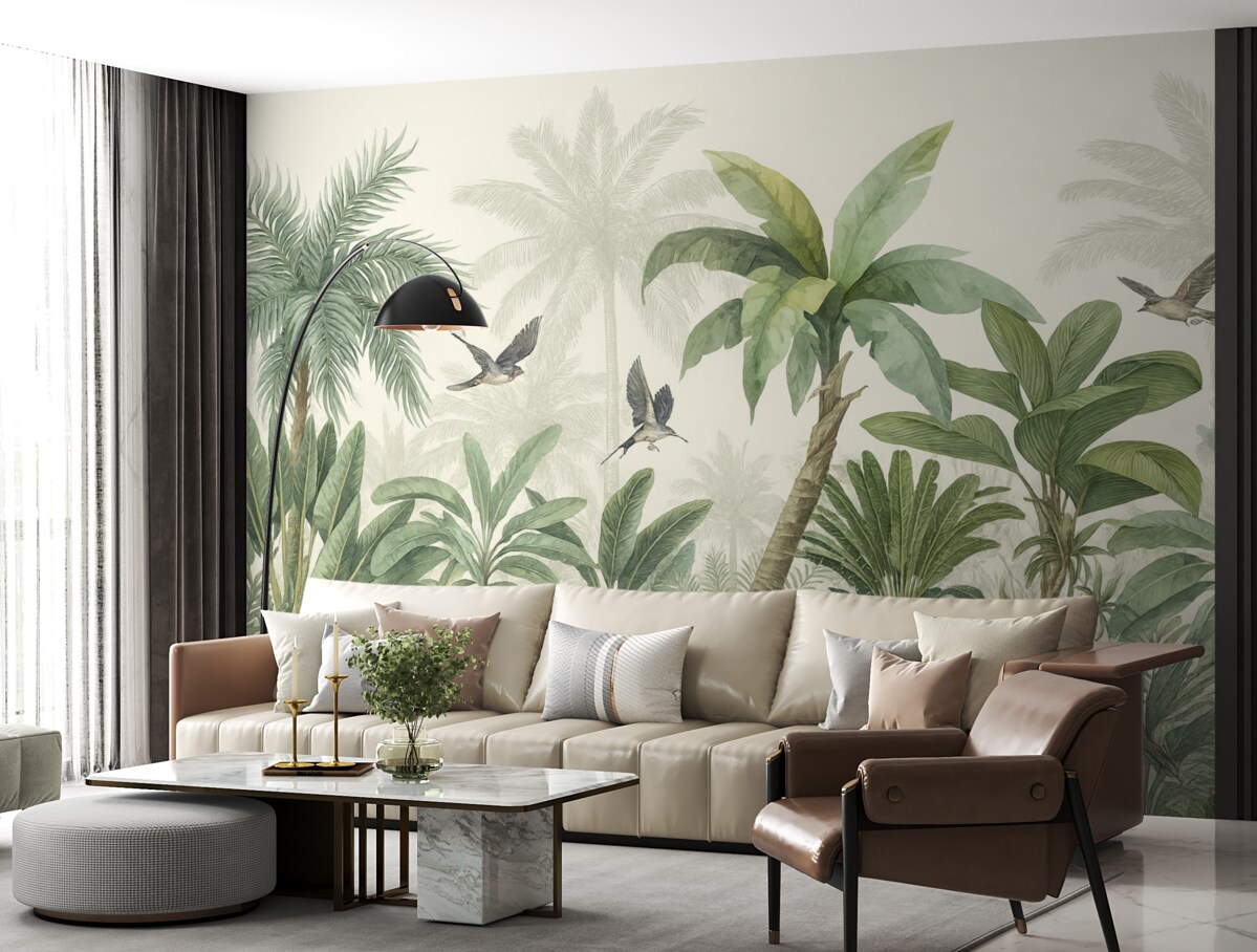 Fototapeta Zielona tropikalna dżungla z różnorodnymi palmami, dużymi liśćmi i barwnymi kwiatami na pierwszym planie.