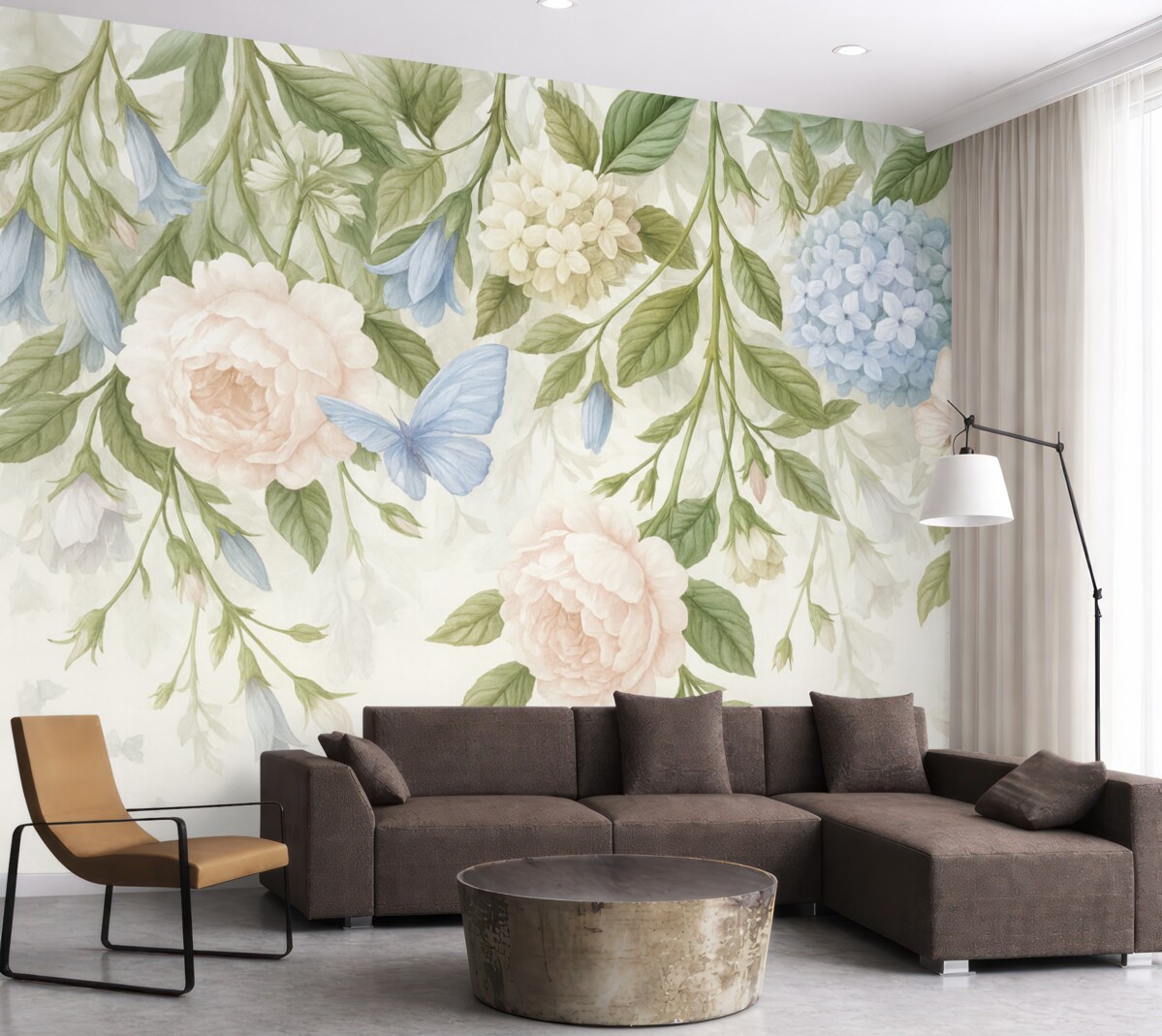 Fototapeta Subtelna kwiatowa grafika z pastelowymi różowymi różami, białymi hortensjami oraz zielonymi liśćmi na jasnym tle.