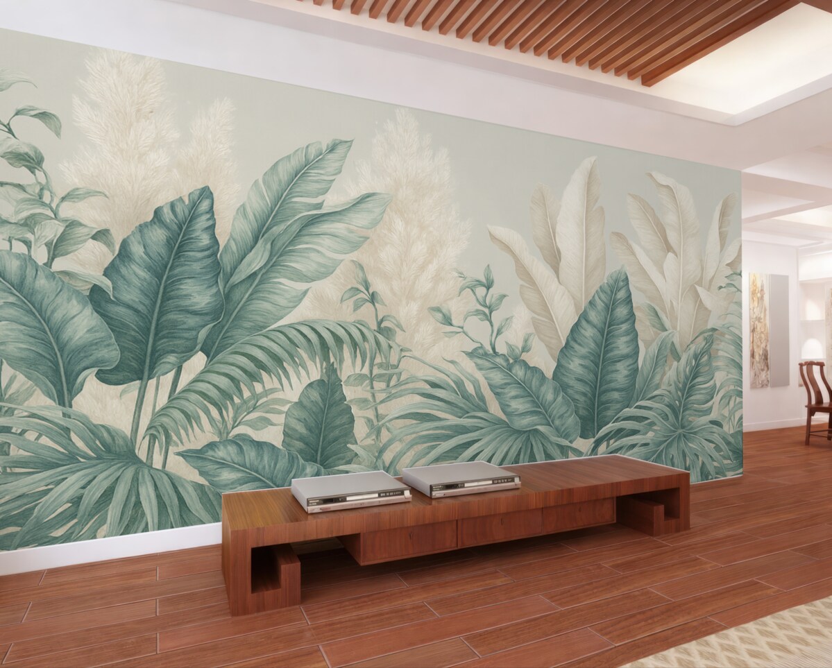 Fototapeta Scena tropikalnej dżungli z wielkimi zielonymi liśćmi i kwiatami na czołowej płaszczyźnie, wytwarzająca bujną atmosferę.