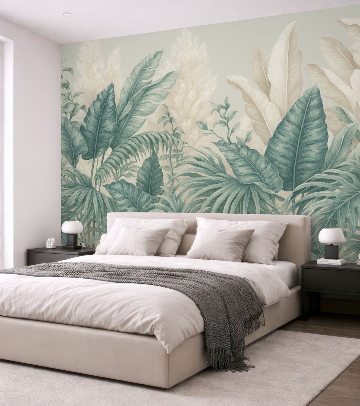 Fototapeta Scena tropikalnej dżungli z wielkimi zielonymi liśćmi i kwiatami na czołowej płaszczyźnie, wytwarzająca bujną atmosferę.