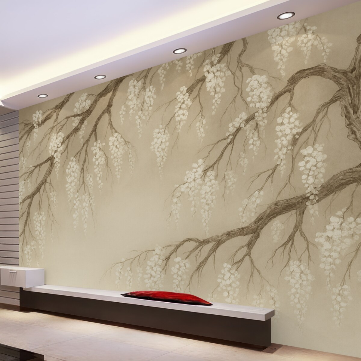 Fototapeta Subtelne białe drzewo wiśniowe z kwiatami rozwijającymi się na gałęziach na jasnobeżowym tle.