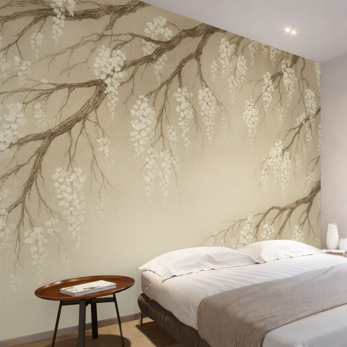 Fototapeta Subtelne białe drzewo wiśniowe z kwiatami rozwijającymi się na gałęziach na jasnobeżowym tle.