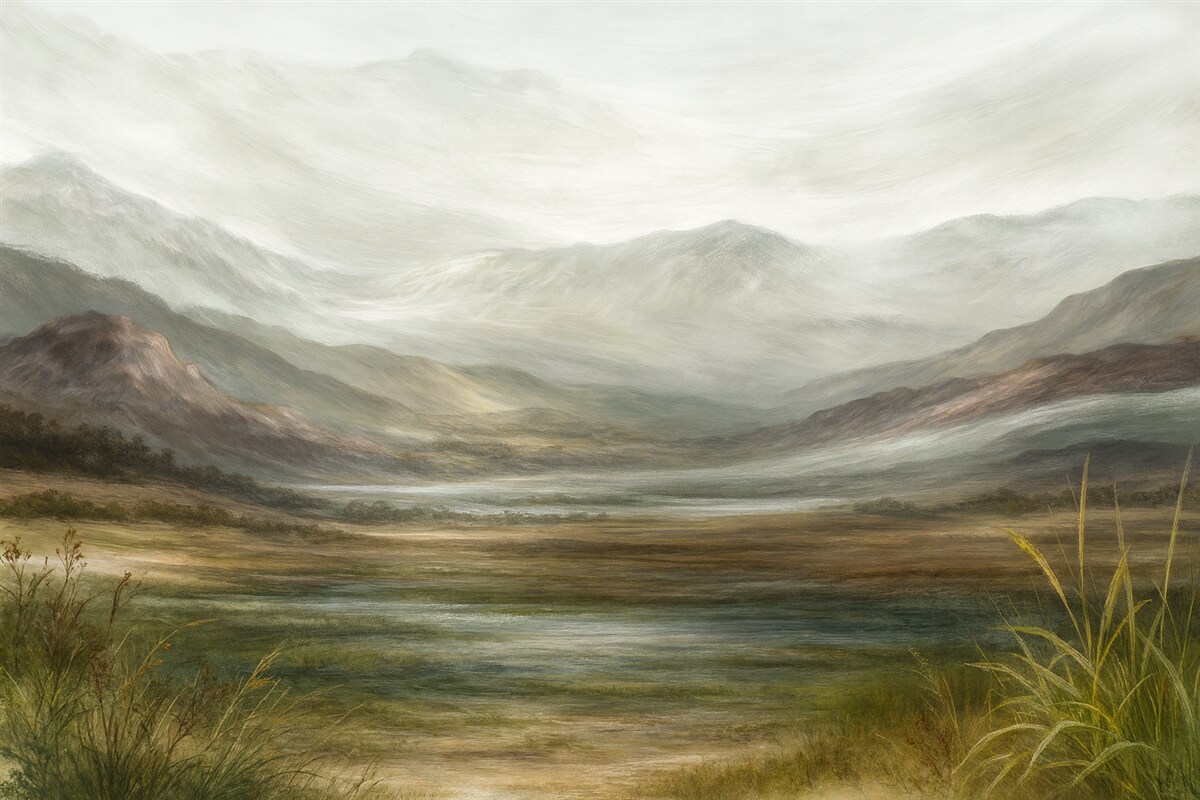 Fototapeta Minimalistyczny, współczesny pejzaż malarski z delikatnymi wzgórzami, mglistej panoramą i harmonijną aurą.