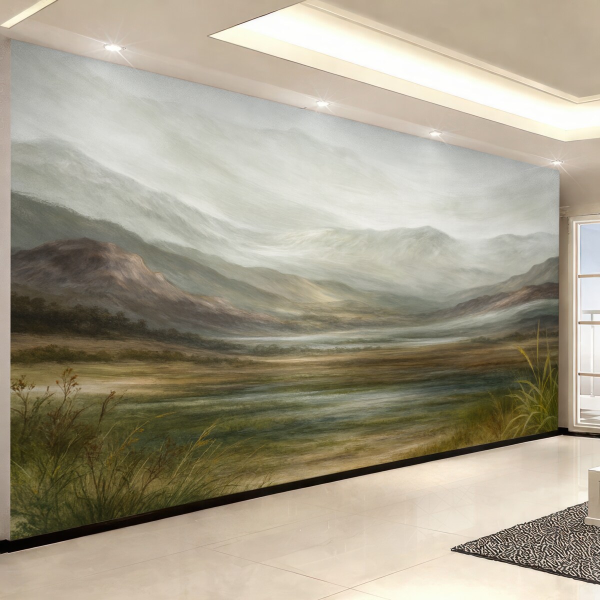 Fototapeta Minimalistyczny, współczesny pejzaż malarski z delikatnymi wzgórzami, mglistej panoramą i harmonijną aurą.