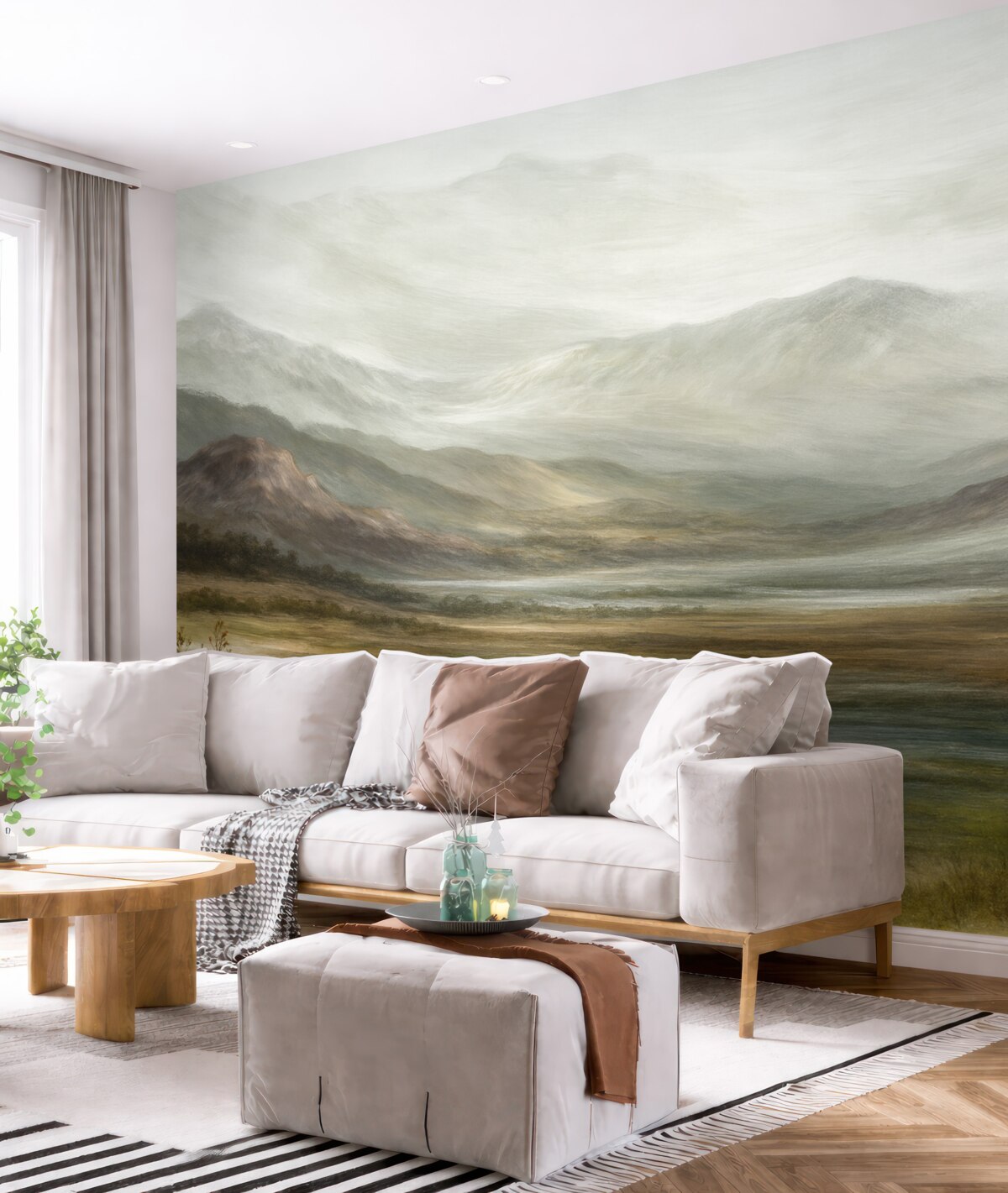 Fototapeta Minimalistyczny, współczesny pejzaż malarski z delikatnymi wzgórzami, mglistej panoramą i harmonijną aurą.