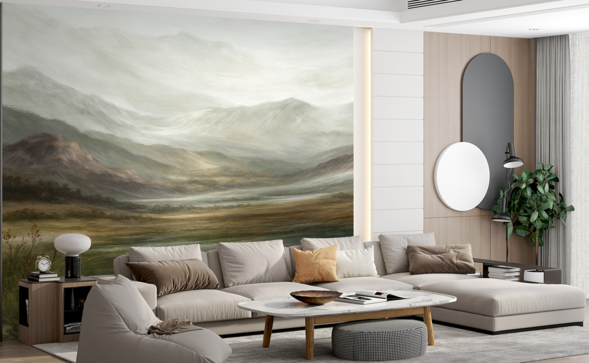 Fototapeta Minimalistyczny, współczesny pejzaż malarski z delikatnymi wzgórzami, mglistej panoramą i harmonijną aurą.