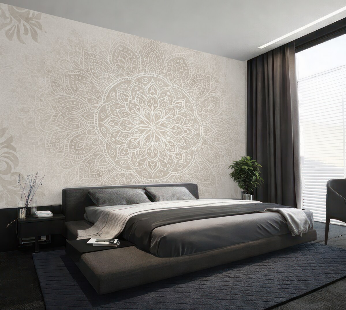 Fototapeta Szczegółowy projekt białej mandali na jasnoszarym teksturowanym tle w stylu retro.