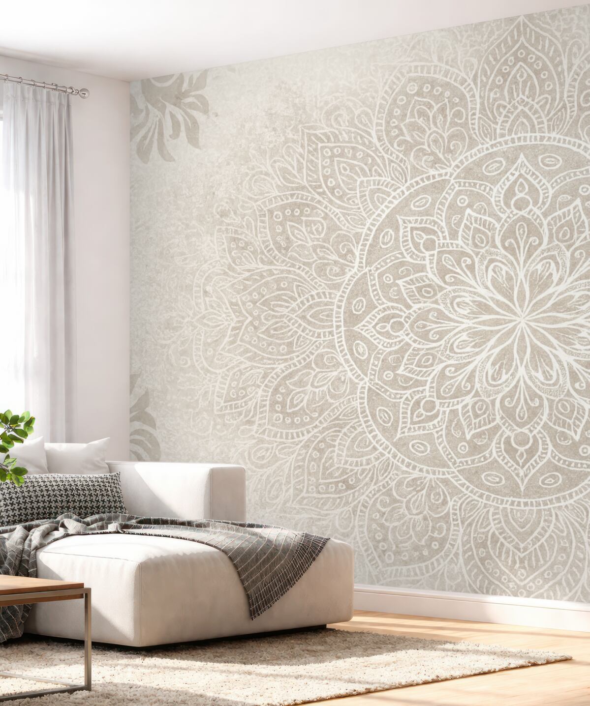 Fototapeta Szczegółowy projekt białej mandali na jasnoszarym teksturowanym tle w stylu retro.