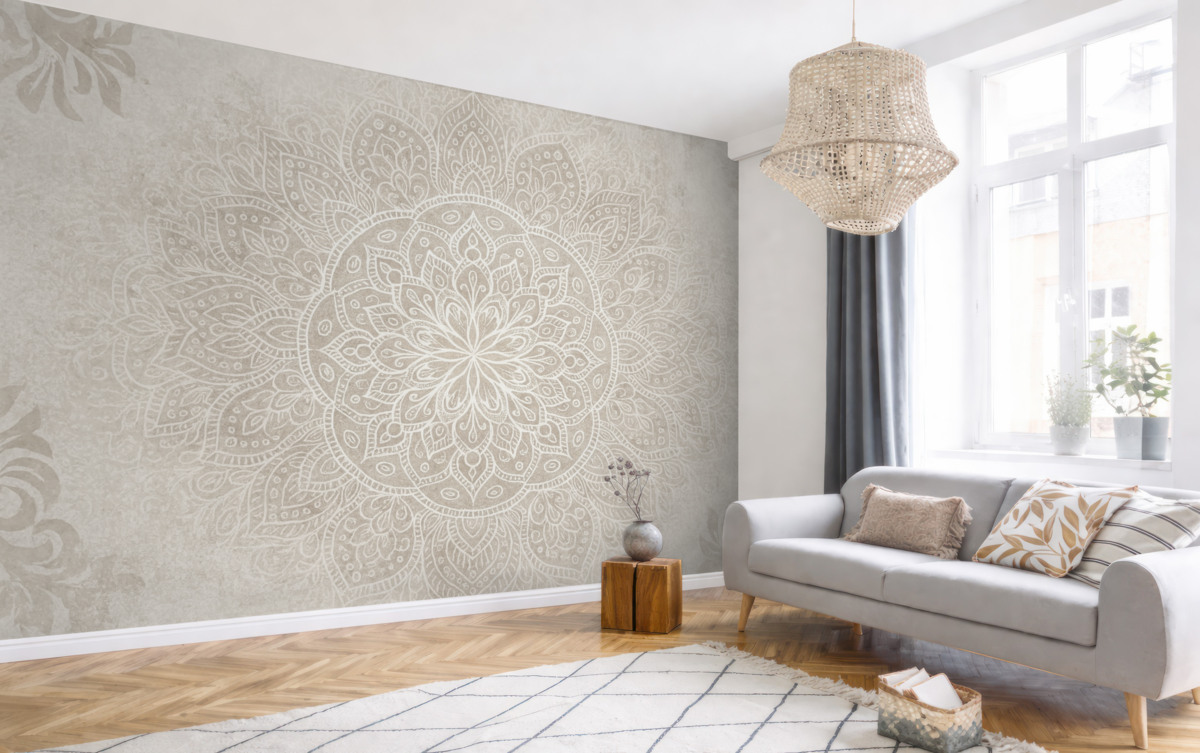 Fototapeta Szczegółowy projekt białej mandali na jasnoszarym teksturowanym tle w stylu retro.