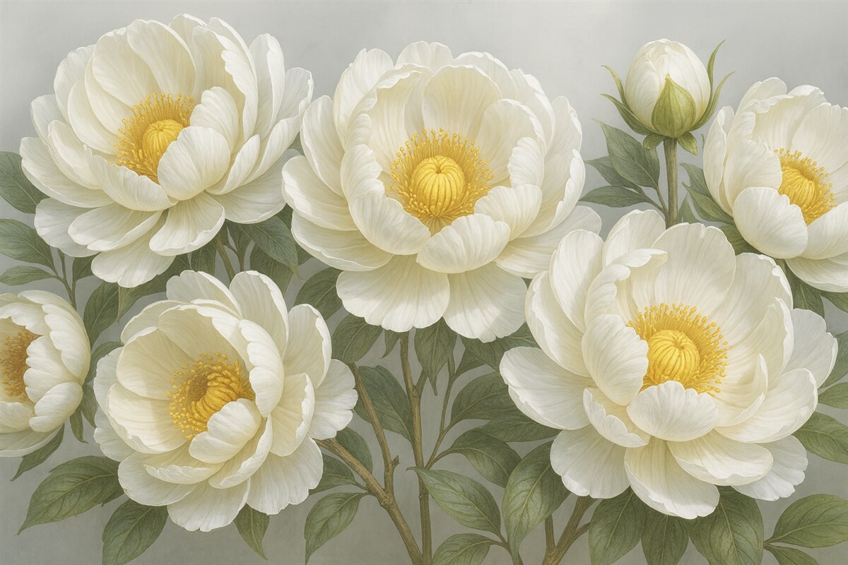 Fototapeta Biały, duży obraz piwonii z żółtymi środkami, otoczony zielonymi liśćmi na jasnym tle.