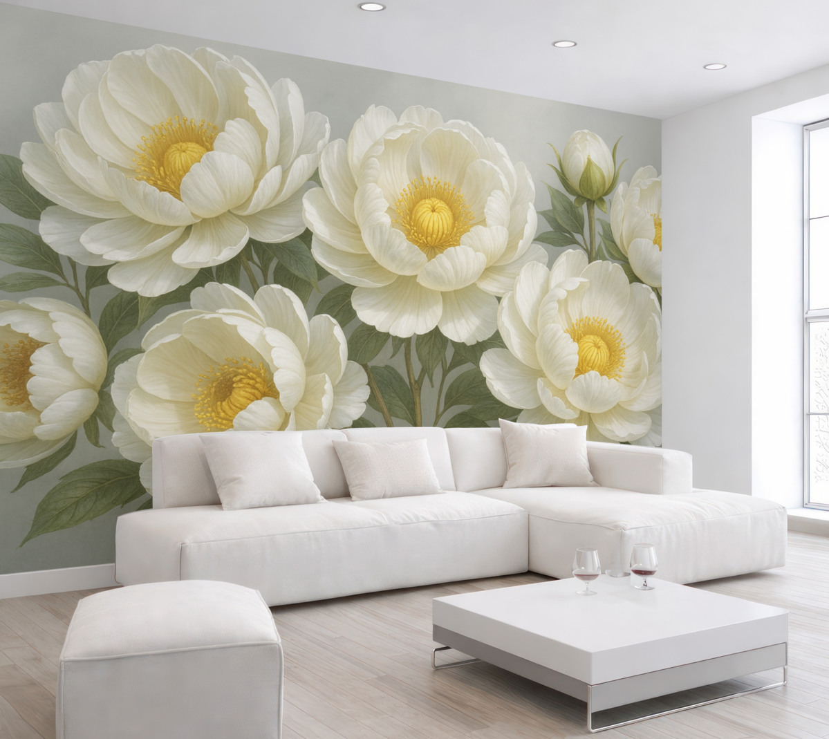 Fototapeta Biały, duży obraz piwonii z żółtymi środkami, otoczony zielonymi liśćmi na jasnym tle.