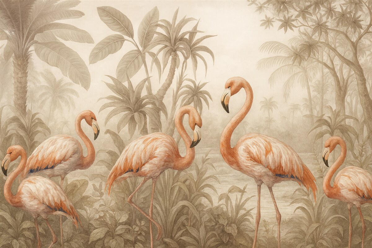 Fototapeta Różowe flamingi stojące w gęstej, tropikalnej roślinności z wszelakimi liśćmi palmowymi i kwiatami w odcieniach ecru i bieli.