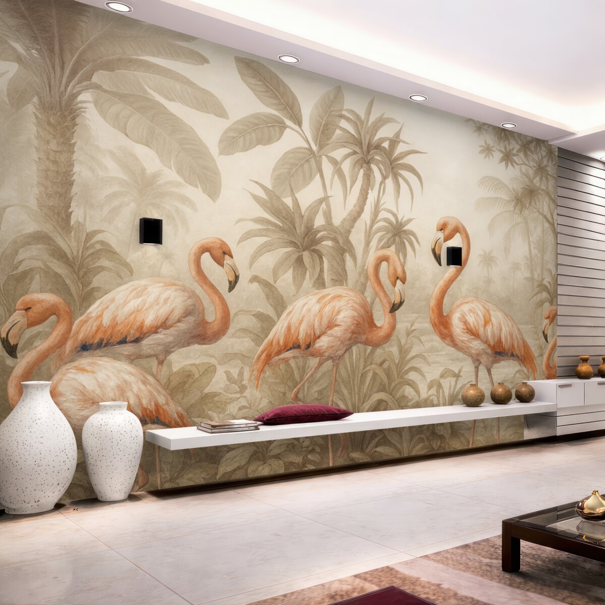 Fototapeta Różowe flamingi stojące w gęstej, tropikalnej roślinności z wszelakimi liśćmi palmowymi i kwiatami w odcieniach ecru i bieli.