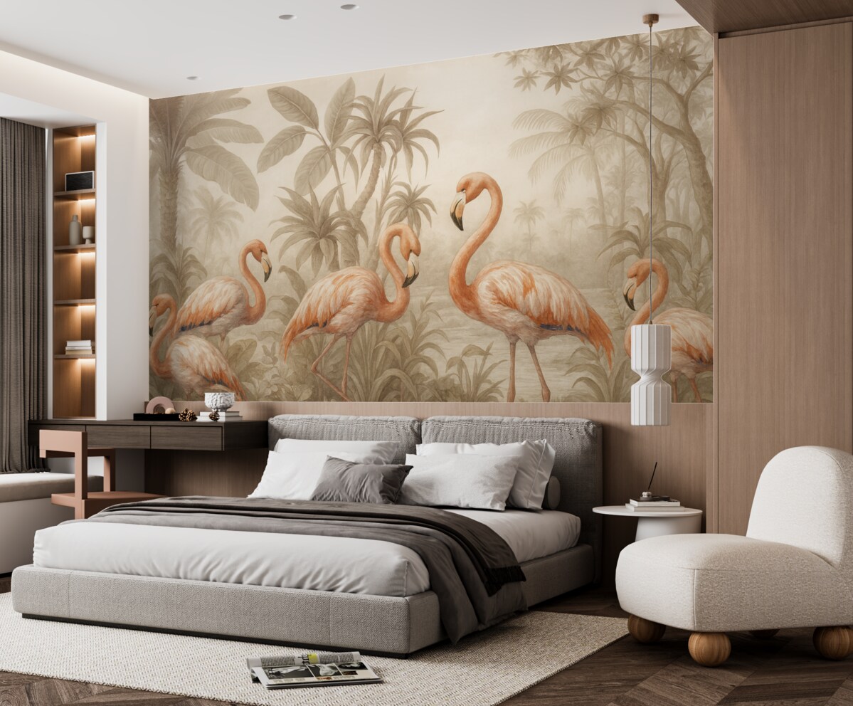 Fototapeta Różowe flamingi stojące w gęstej, tropikalnej roślinności z wszelakimi liśćmi palmowymi i kwiatami w odcieniach ecru i bieli.