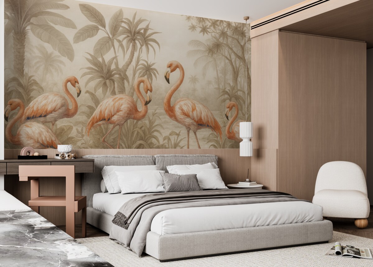 Fototapeta Różowe flamingi stojące w gęstej, tropikalnej roślinności z wszelakimi liśćmi palmowymi i kwiatami w odcieniach ecru i bieli.