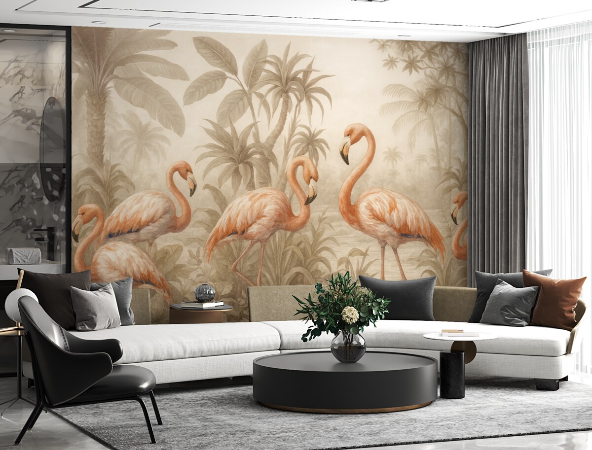 Fototapeta Różowe flamingi stojące w gęstej, tropikalnej roślinności z wszelakimi liśćmi palmowymi i kwiatami w odcieniach ecru i bieli.