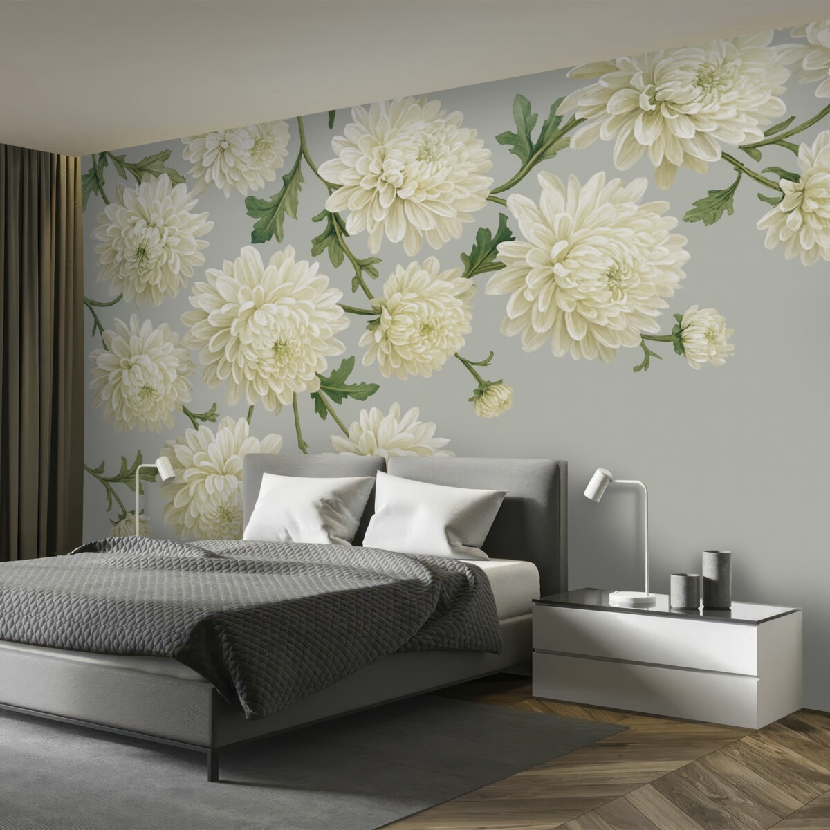Fototapeta Białe kwiaty chryzantem z zielonymi liśćmi na jasnoszarym tle.
