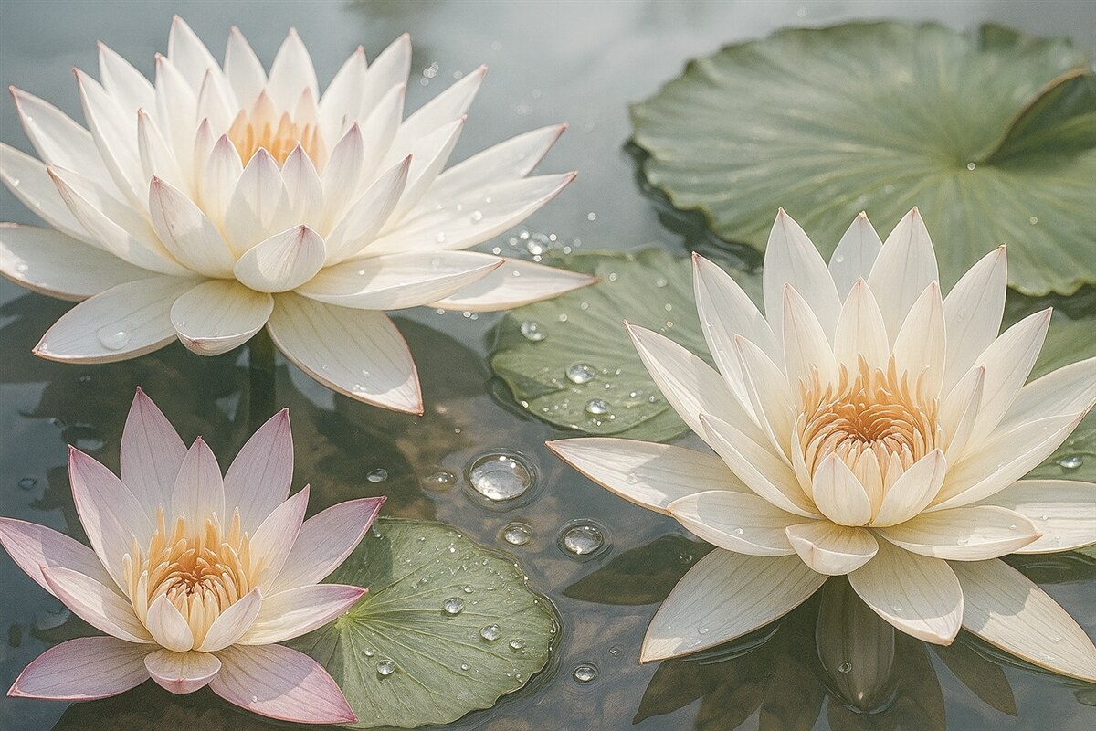 Fototapeta Zbliżenie białych kwiatów lotosu z kroplami wody na płatkach na rozmytym zielonym tle.