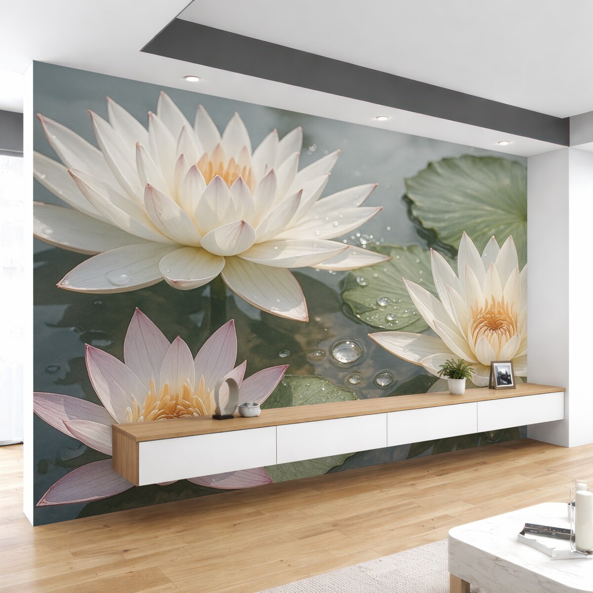 Fototapeta Zbliżenie białych kwiatów lotosu z kroplami wody na płatkach na rozmytym zielonym tle.